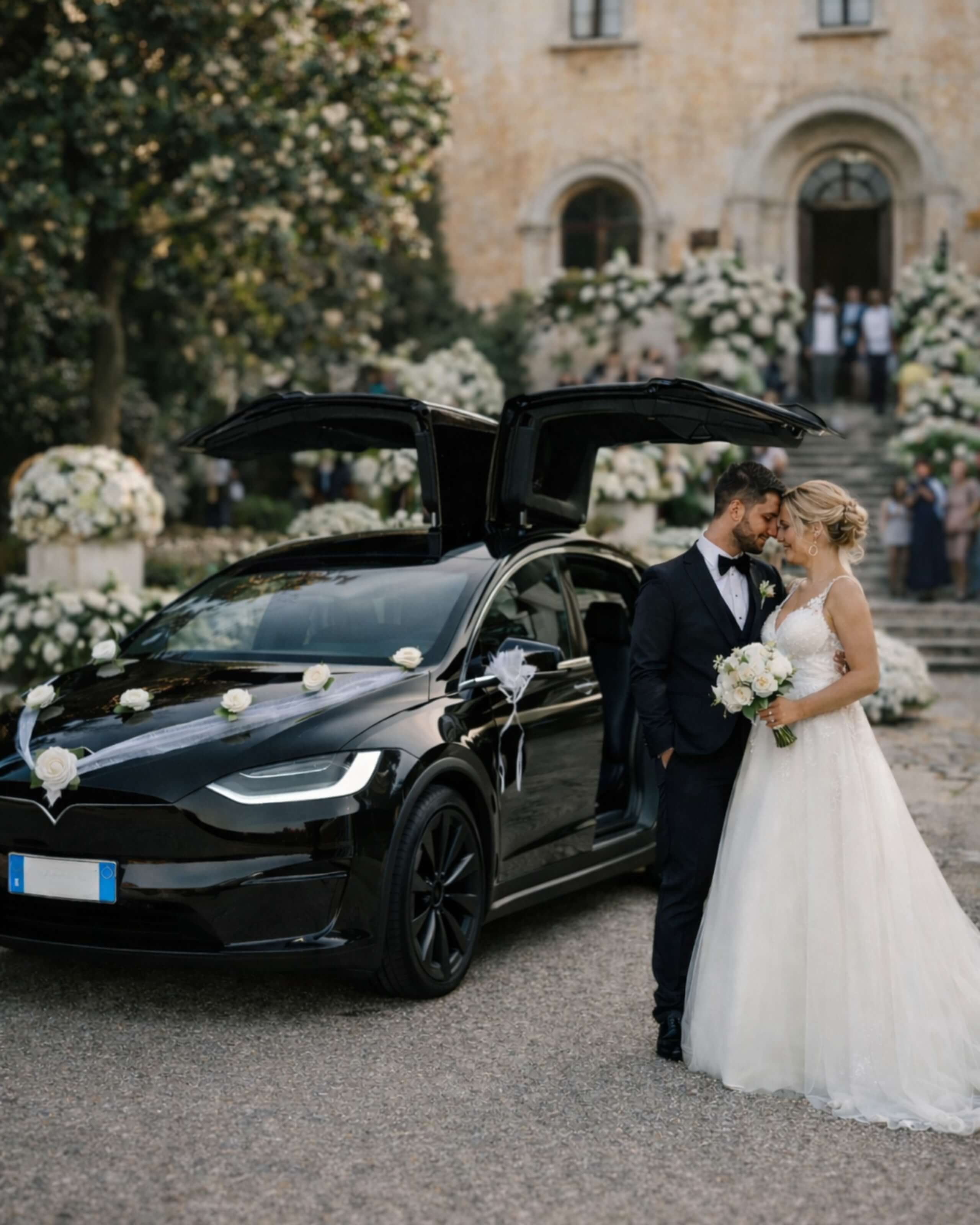 Auto di lusso allestita con decorazioni floreali per matrimoni a Milano